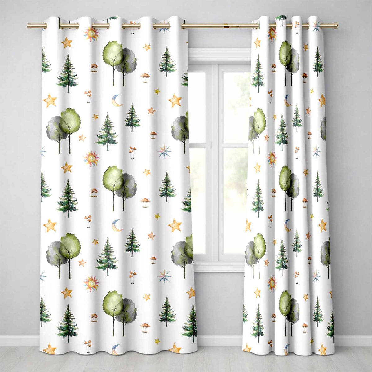 Watercolor Forest Trees Mushrooms Sun Moon Stars on Light Grey Seamless Pattern  Readymade Eyelet Ring Top Thermal 100% Blackout Curtains