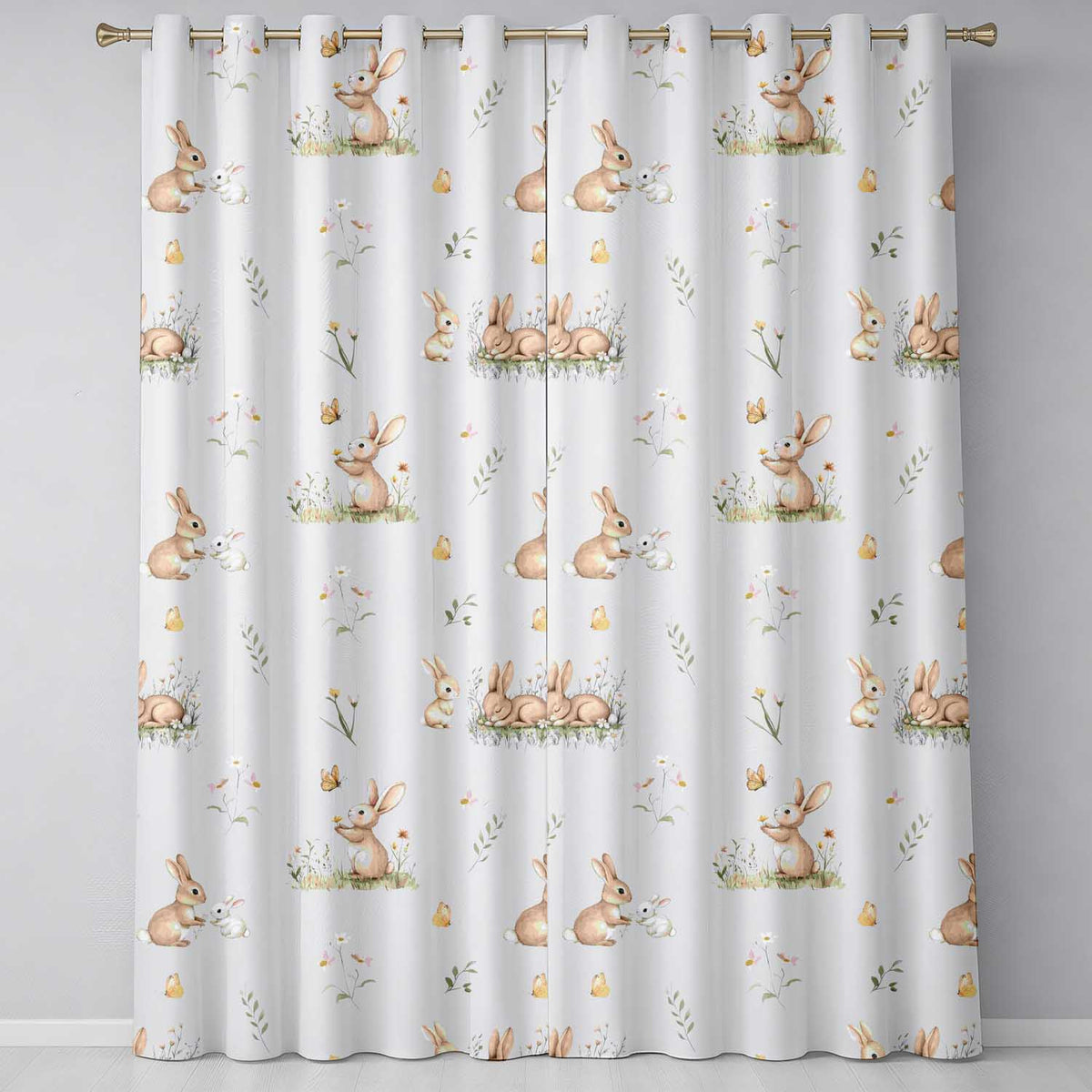 Watercolor  Bunny Rabbits Butterflies Wildflowers on Grey Seamless Pattern  Readymade Eyelet Ring Top Thermal 100% Blackout Curtains