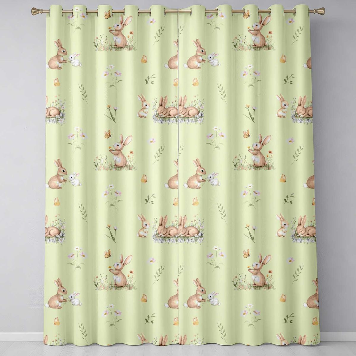 Watercolor Cute Bunny Rabbits Butterflies Wildflowers on Cream Seamless Pattern  Readymade Eyelet Ring Top Thermal 100% Blackout Curtains
