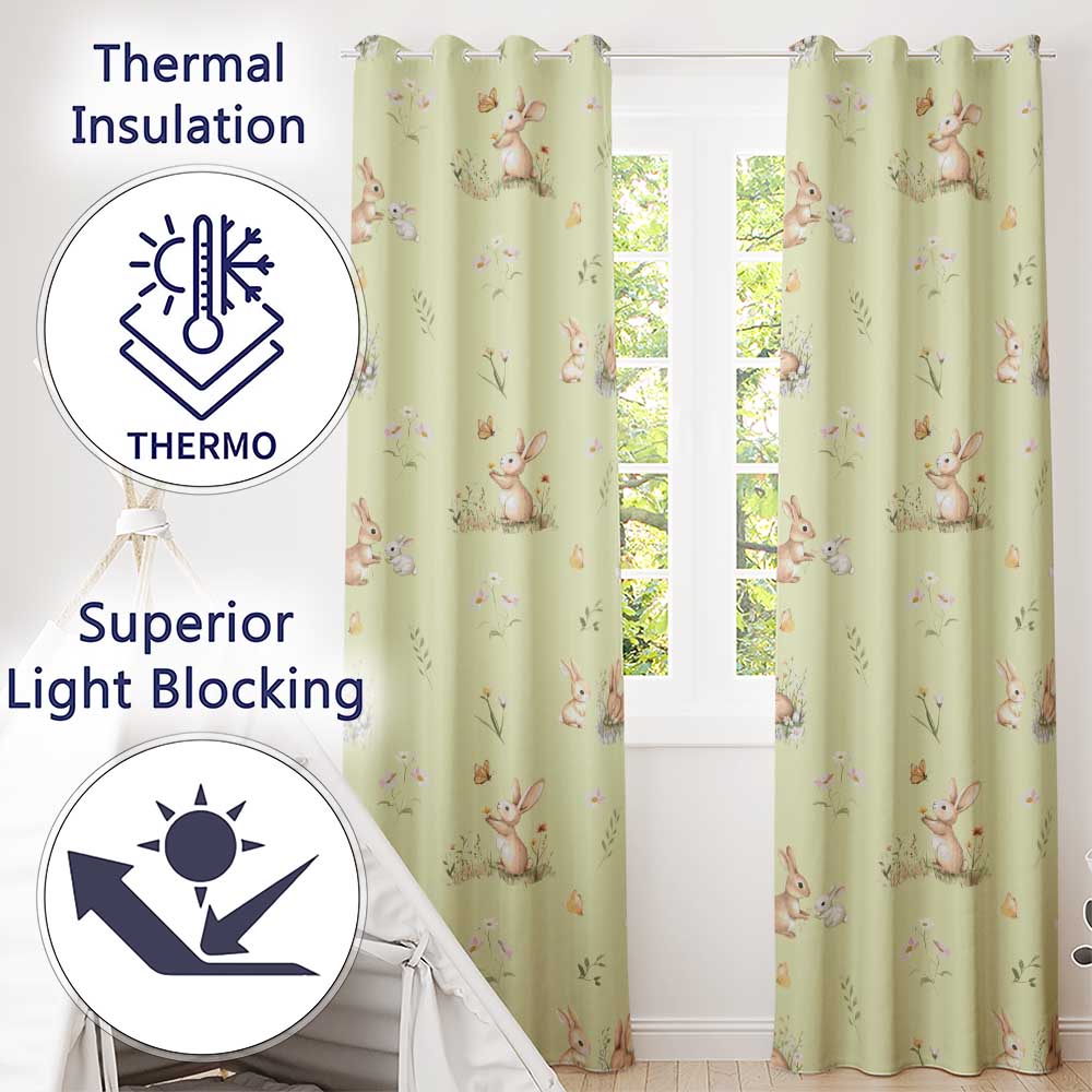Watercolor Cute Bunny Rabbits Butterflies Wildflowers on Cream Seamless Pattern  Readymade Eyelet Ring Top Thermal 100% Blackout Curtains