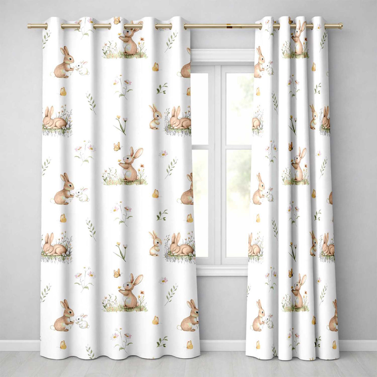 Watercolor  Bunny Rabbits Butterflies Wildflowers on Soft Grey Seamless Pattern  Readymade Eyelet Ring Top Thermal 100% Blackout Curtains