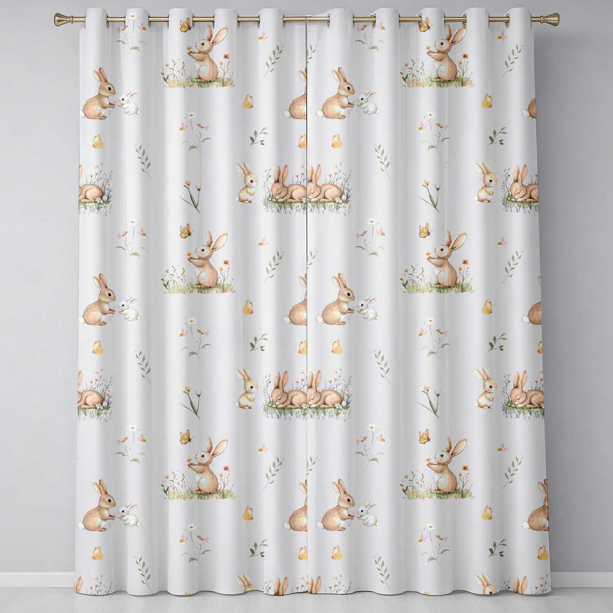 Watercolor Bunny Butterfly Floral Meadow Pale Lilac Pattern  Readymade Eyelet Ring Top Thermal 100% Blackout Curtains