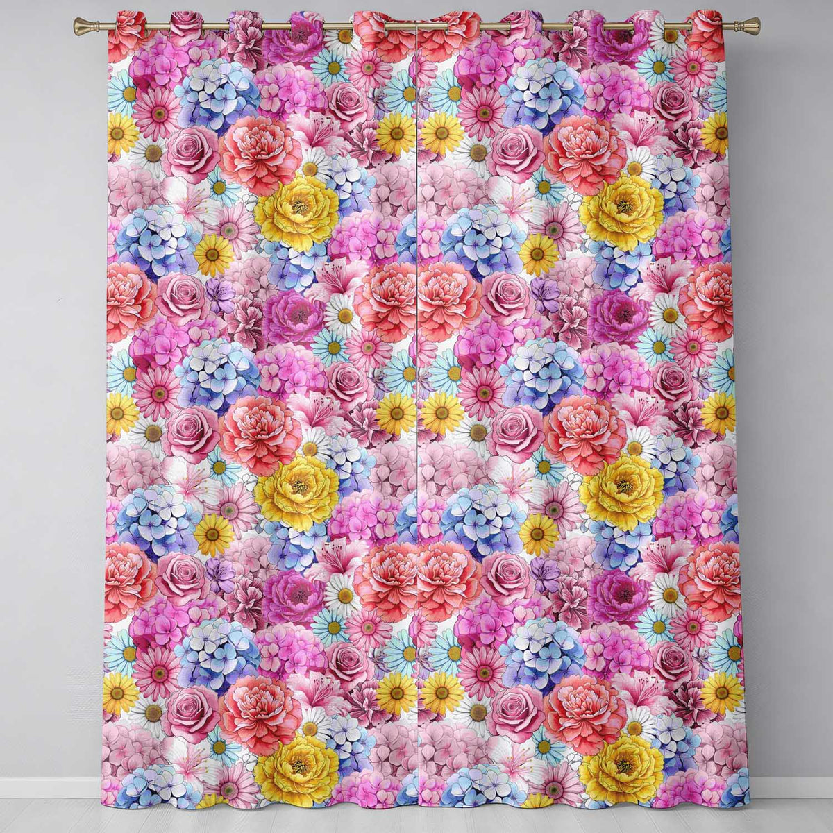 Bright Colourful Mixed Floral Roses Peonies and Daisies Seamless Pattern  Readymade Eyelet Ring Top Thermal 100% Blackout Curtains
