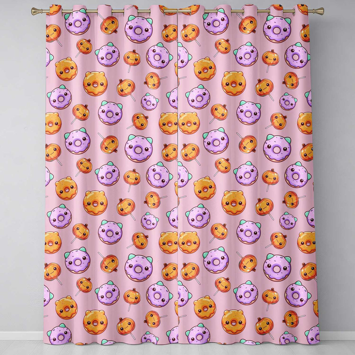 Cute Kawaii Donut Pumpkin Lollipop Pattern Pastel Pink Background  Readymade Eyelet Ring Top Thermal 100% Blackout Curtains