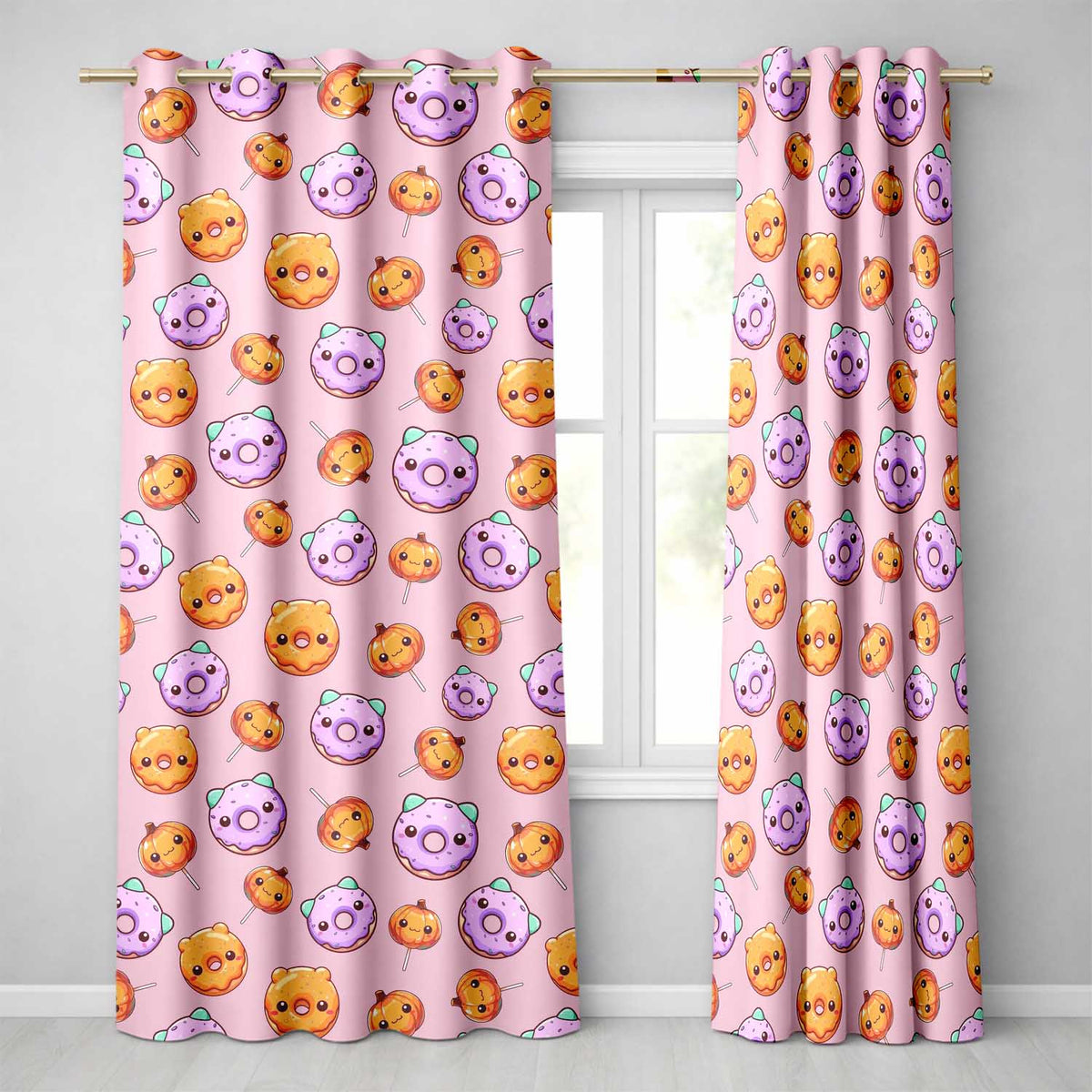 Cute Kawaii Donut Pumpkin Lollipop Pattern Pastel Pink Background  Readymade Eyelet Ring Top Thermal 100% Blackout Curtains