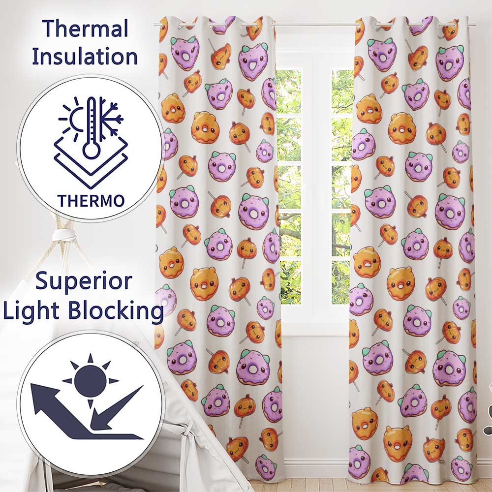 Cute Kawaii Donut Pumpkin Lollipop Pattern Light Grey Background  Readymade Eyelet Ring Top Thermal 100% Blackout Curtains