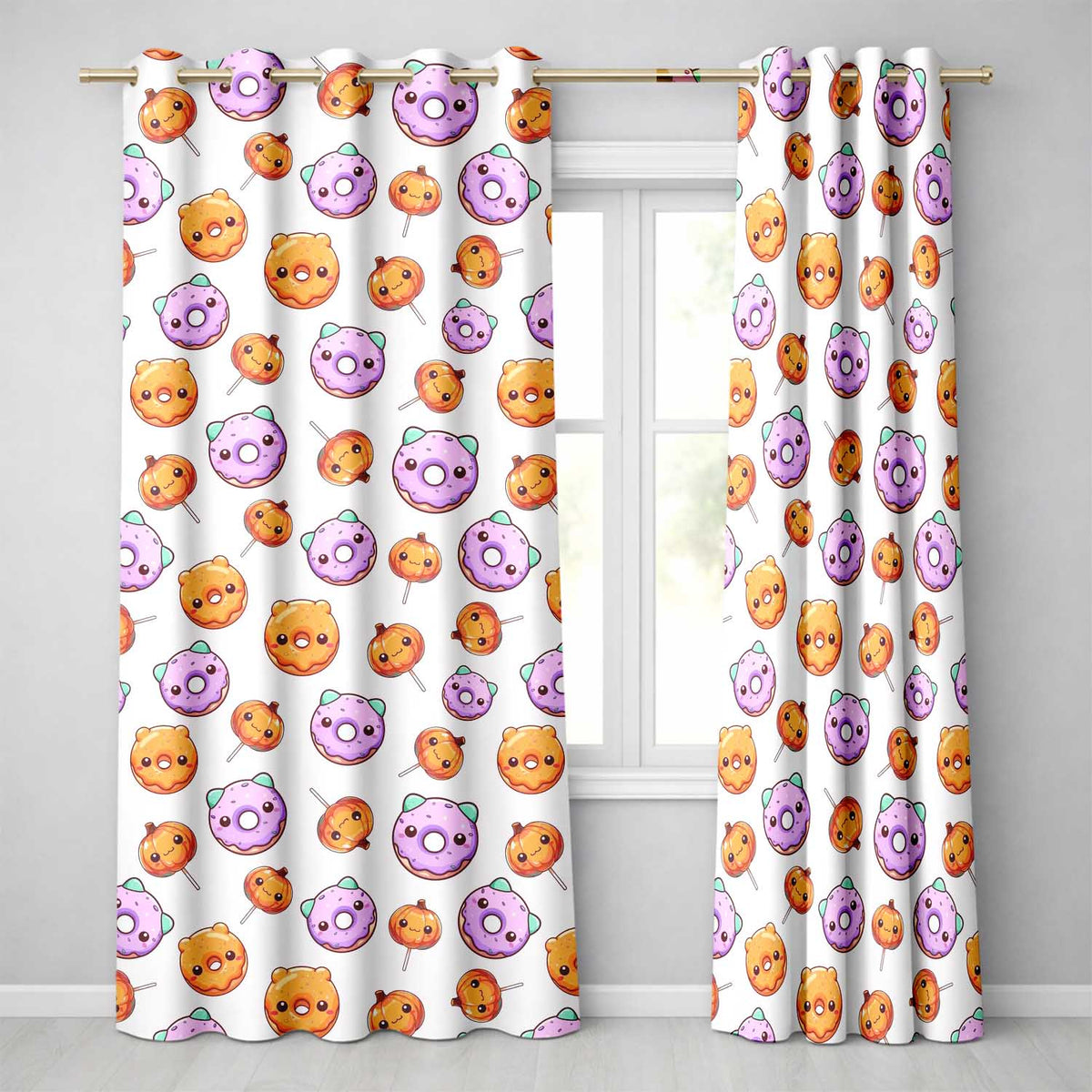 Cute Kawaii Donut Pumpkin Lollipop Pattern Light Grey Background  Readymade Eyelet Ring Top Thermal 100% Blackout Curtains
