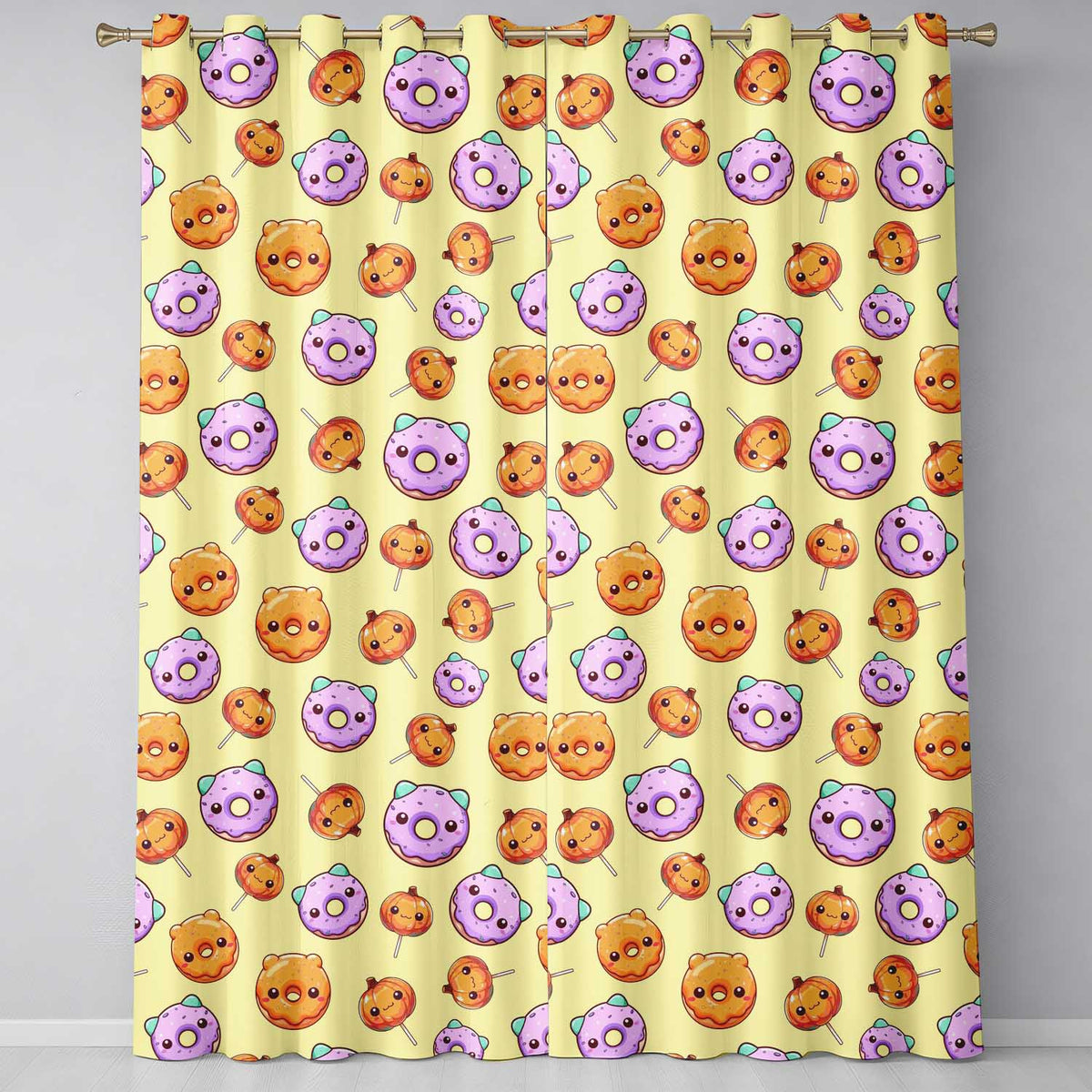 Cute Kawaii Donut Pumpkin Lollipop Pattern Yellow Green Background  Readymade Eyelet Ring Top Thermal 100% Blackout Curtains