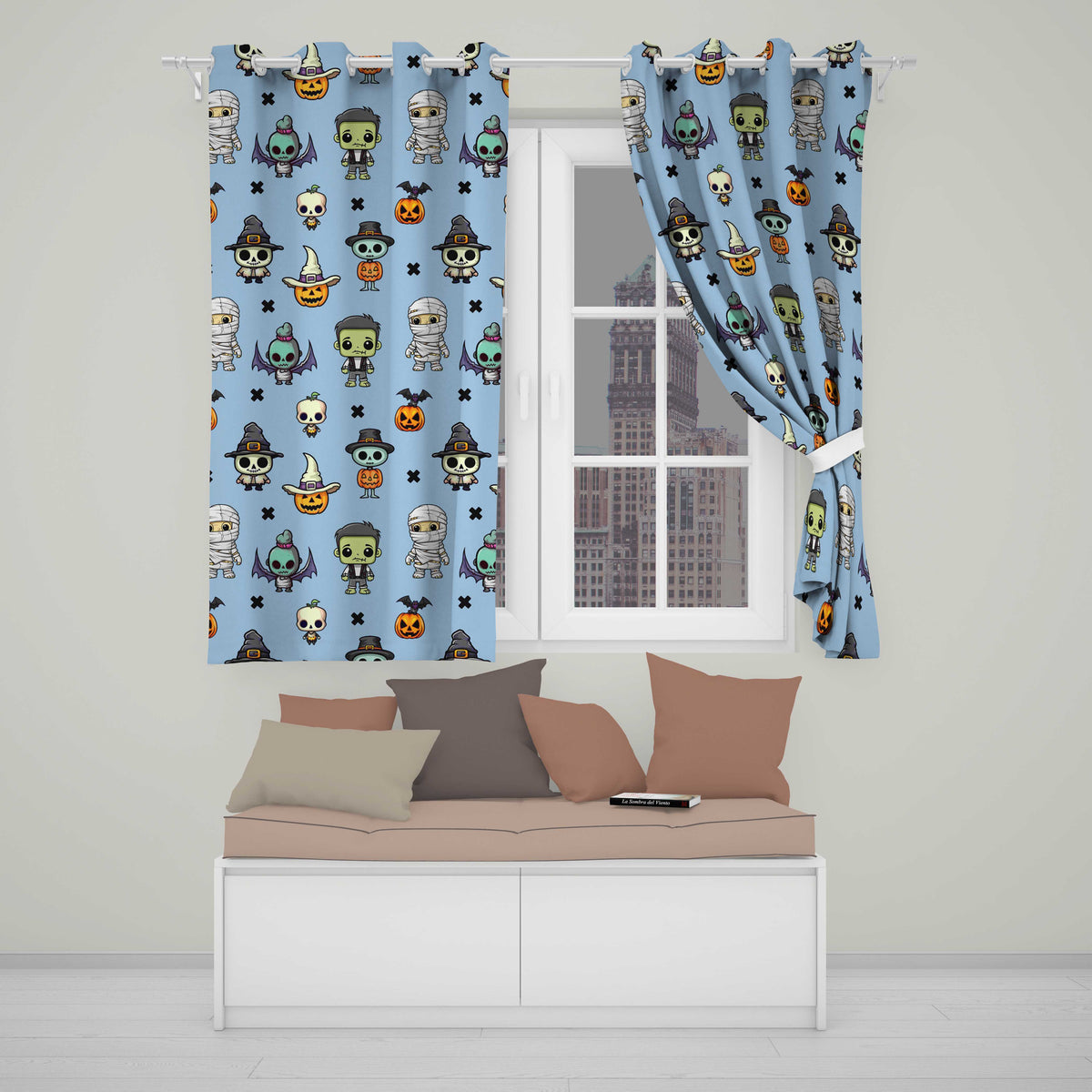 Cute Halloween Characters  Mummy Frankenstein Bat Blue Background Seamless  Readymade Eyelet Ring Top Thermal 100% Blackout Curtains