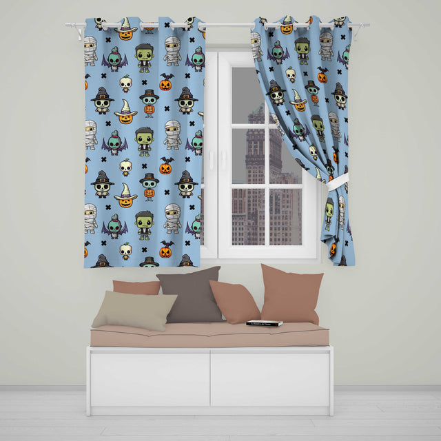 Cute Halloween Characters  Mummy Frankenstein Bat Blue Background Seamless  Readymade Eyelet Ring Top Thermal 100% Blackout Curtains