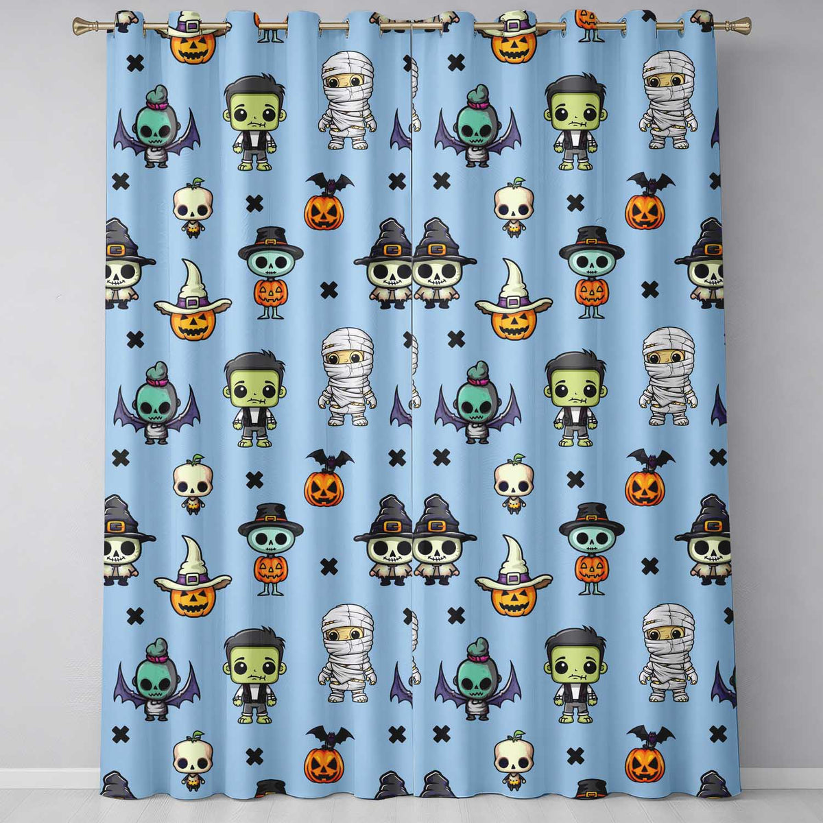 Cute Halloween Characters  Mummy Frankenstein Bat Blue Background Seamless  Readymade Eyelet Ring Top Thermal 100% Blackout Curtains