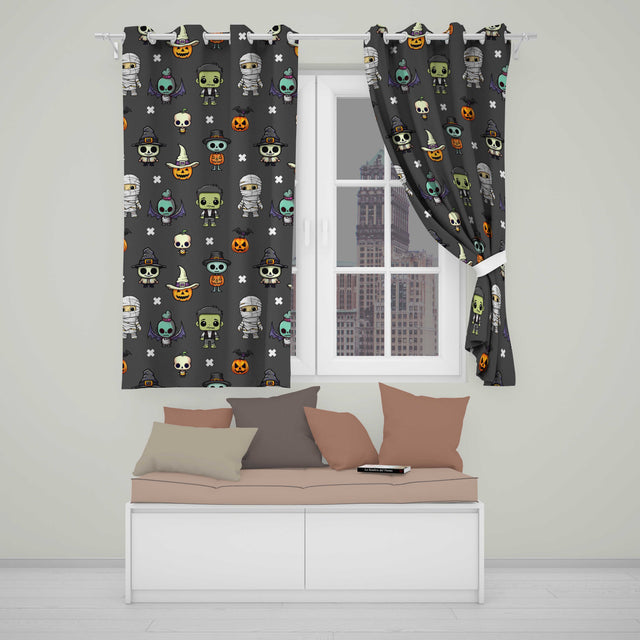 Cute Halloween Characters  Mummy Frankenstein Bat Dark Grey Background Seamless  Readymade Eyelet Ring Top Thermal 100% Blackout Curtains