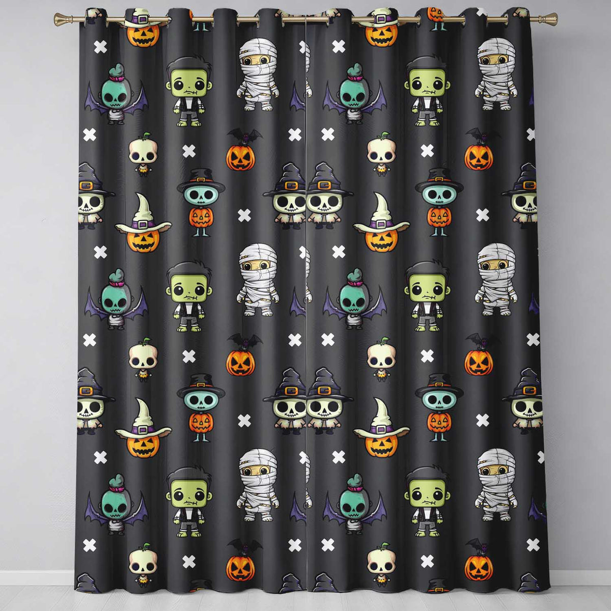 Cute Halloween Characters  Mummy Frankenstein Bat Dark Grey Background Seamless  Readymade Eyelet Ring Top Thermal 100% Blackout Curtains