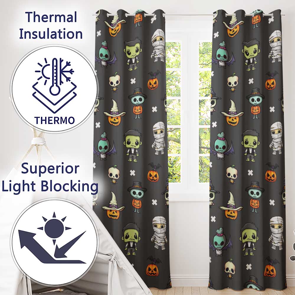 Cute Halloween Characters  Mummy Frankenstein Bat Dark Grey Background Seamless  Readymade Eyelet Ring Top Thermal 100% Blackout Curtains