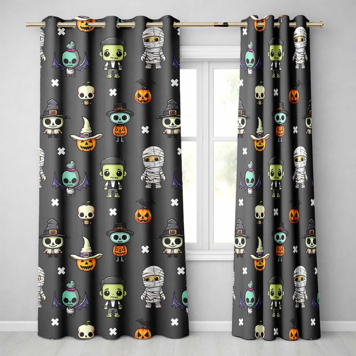 Cute Halloween Characters  Mummy Frankenstein Bat Dark Grey Background Seamless  Readymade Eyelet Ring Top Thermal 100% Blackout Curtains