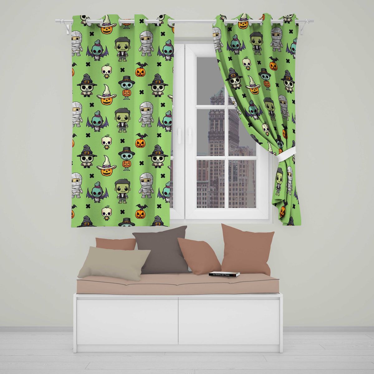 Cute Halloween Characters  Mummy Frankenstein Bat Green Background Seamless  Readymade Eyelet Ring Top Thermal 100% Blackout Curtains