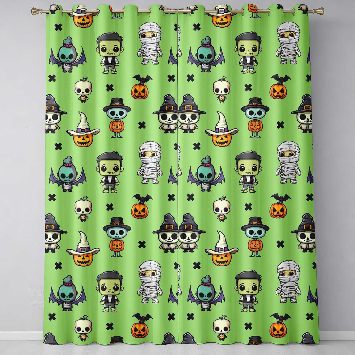 Cute Halloween Characters  Mummy Frankenstein Bat Green Background Seamless  Readymade Eyelet Ring Top Thermal 100% Blackout Curtains