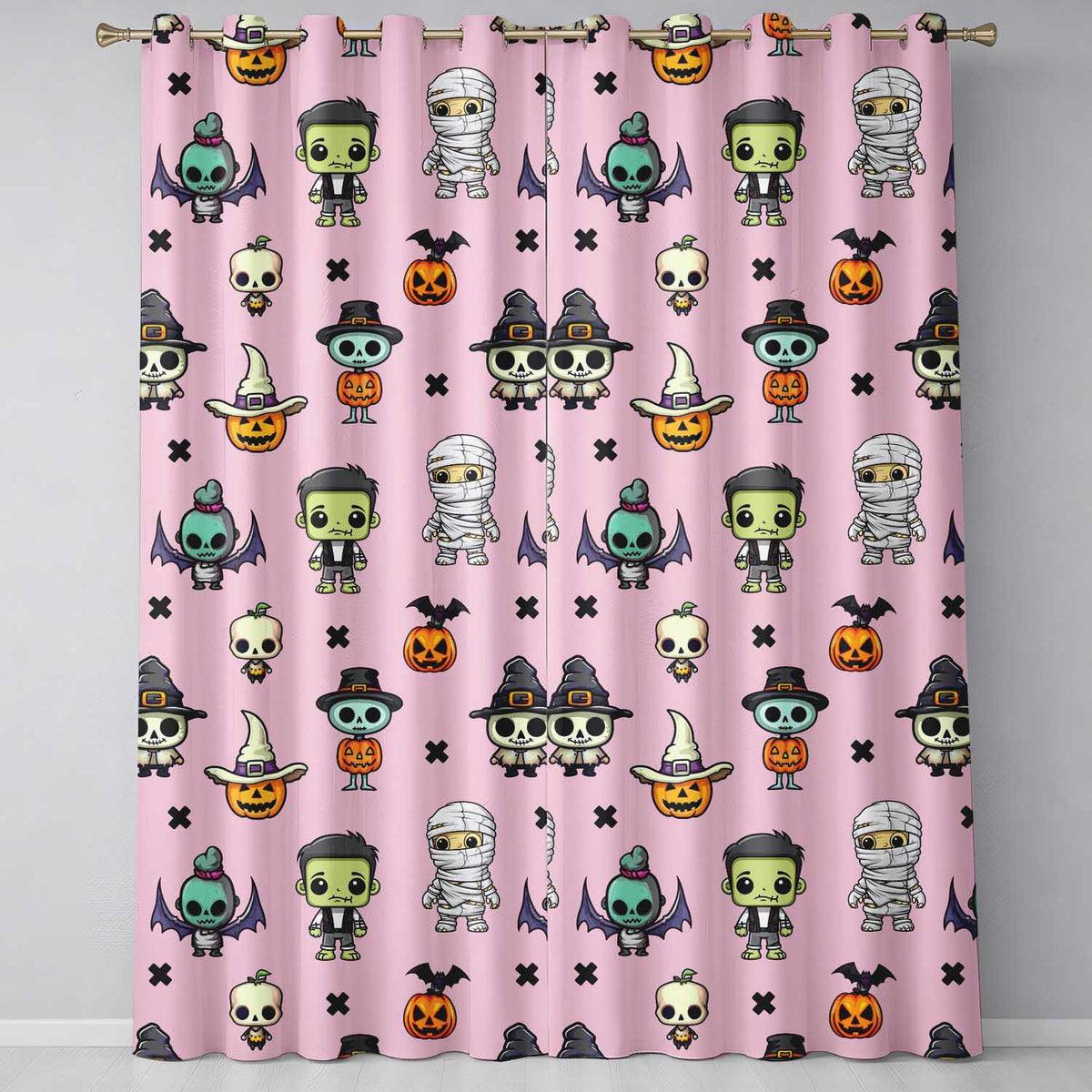 Cute Halloween Characters  Mummy Frankenstein Bat Pink Background Seamless  Readymade Eyelet Ring Top Thermal 100% Blackout Curtains