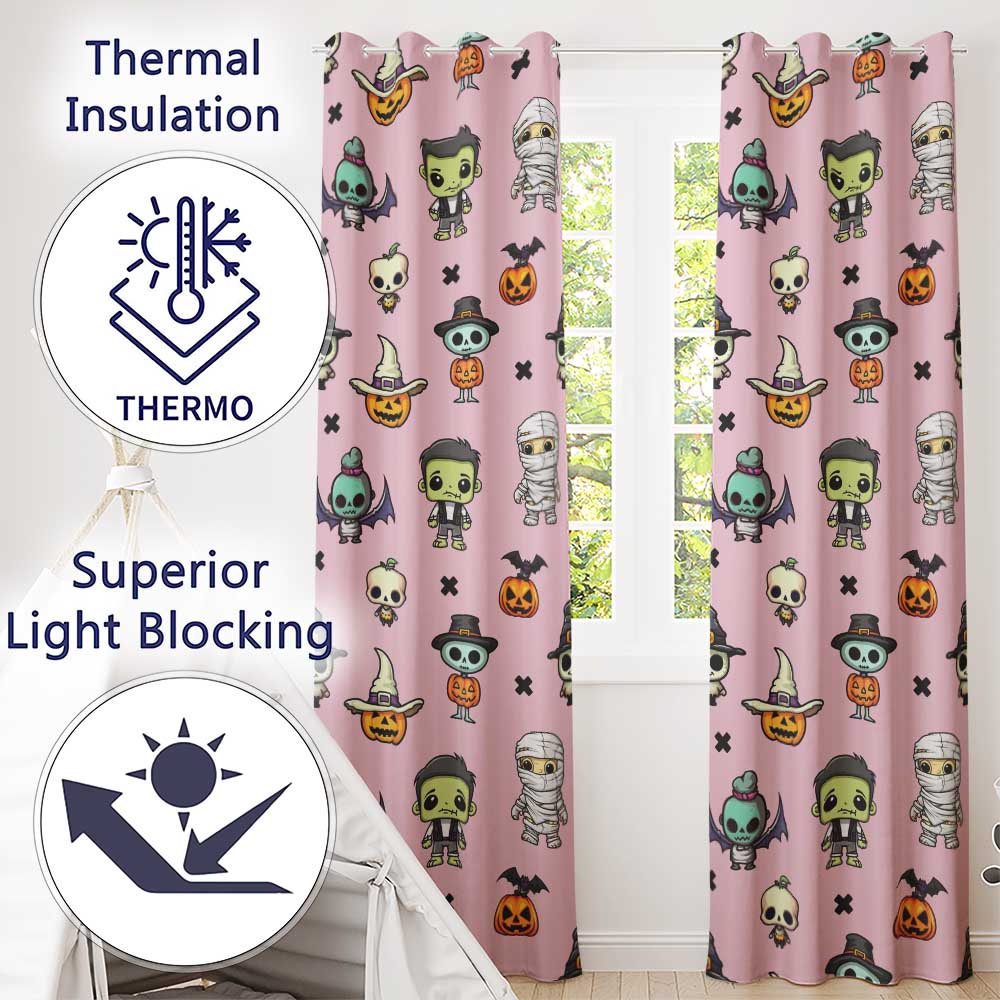 Cute Halloween Characters  Mummy Frankenstein Bat Pink Background Seamless  Readymade Eyelet Ring Top Thermal 100% Blackout Curtains