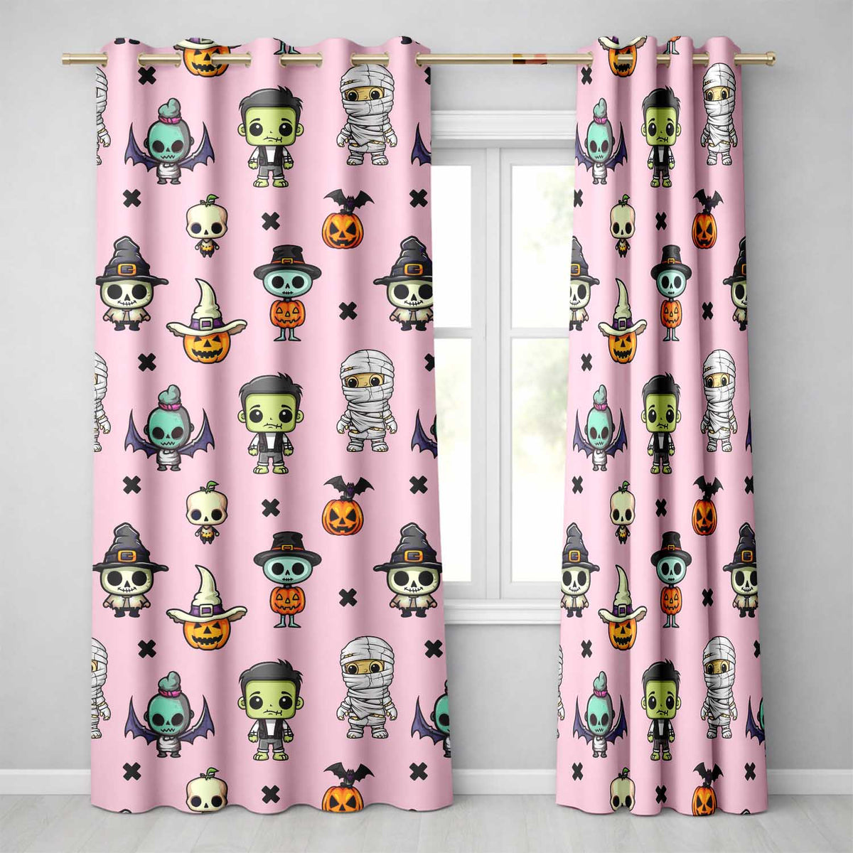 Cute Halloween Characters  Mummy Frankenstein Bat Pink Background Seamless  Readymade Eyelet Ring Top Thermal 100% Blackout Curtains