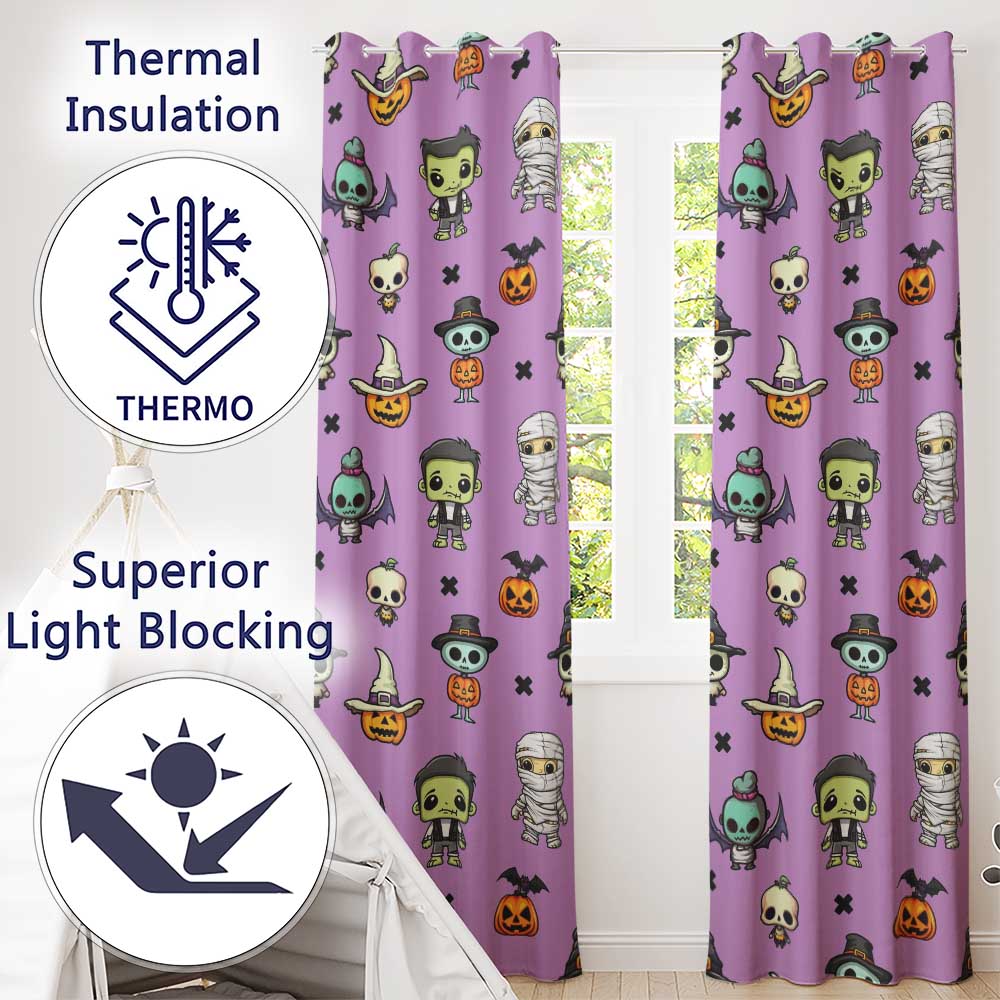 Cute Halloween Characters  Mummy Frankenstein Bat Purple Background Seamless  Readymade Eyelet Ring Top Thermal 100% Blackout Curtains