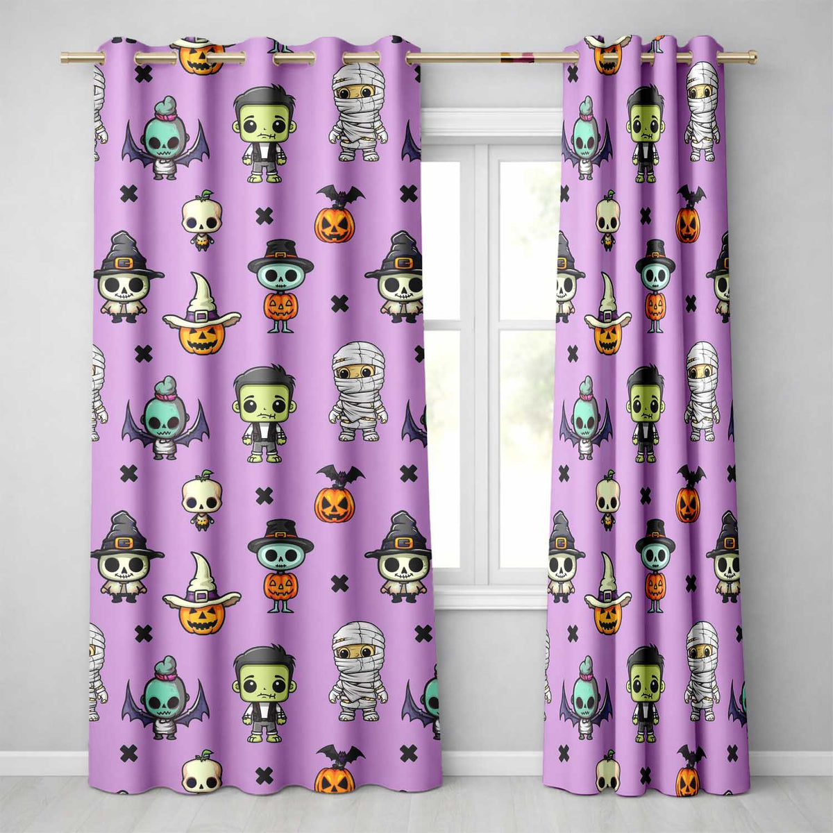 Cute Halloween Characters  Mummy Frankenstein Bat Purple Background Seamless  Readymade Eyelet Ring Top Thermal 100% Blackout Curtains