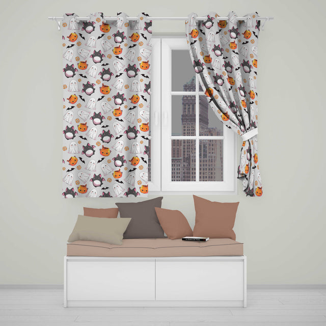 Cute Kawaii Ghost Bat Candy Pumpkin Seamless Pattern Cream Background  Readymade Eyelet Ring Top Thermal 100% Blackout Curtains