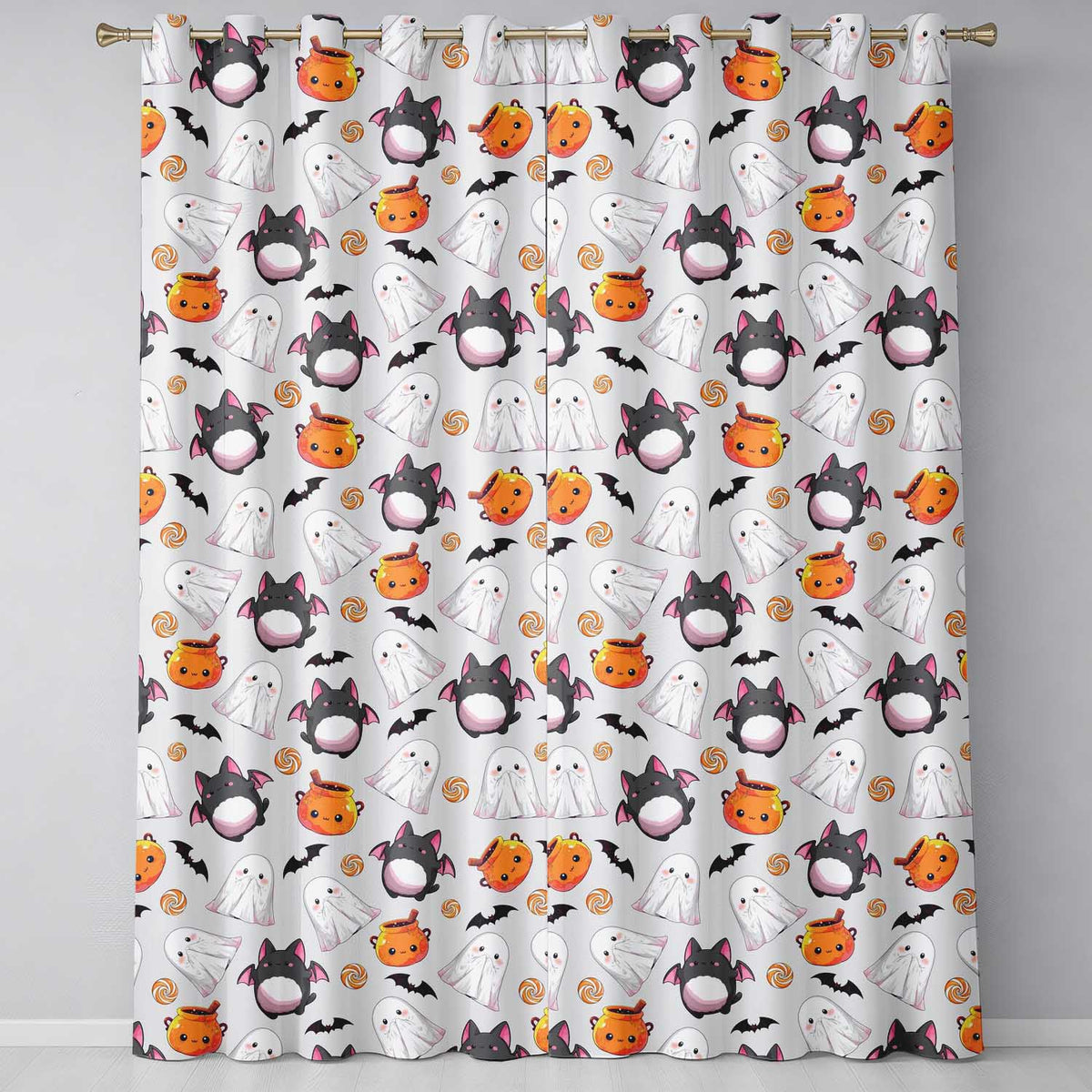 Cute Kawaii Ghost Bat Candy Pumpkin Seamless Pattern Cream Background  Readymade Eyelet Ring Top Thermal 100% Blackout Curtains