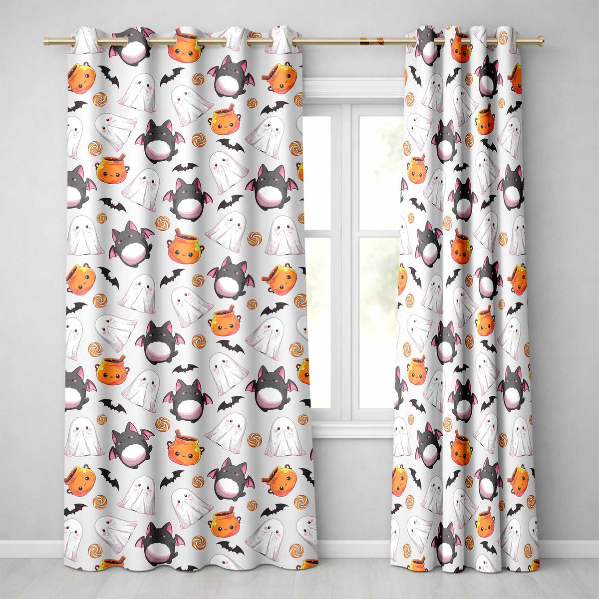 Cute Kawaii Ghost Bat Candy Pumpkin Seamless Pattern Cream Background  Readymade Eyelet Ring Top Thermal 100% Blackout Curtains