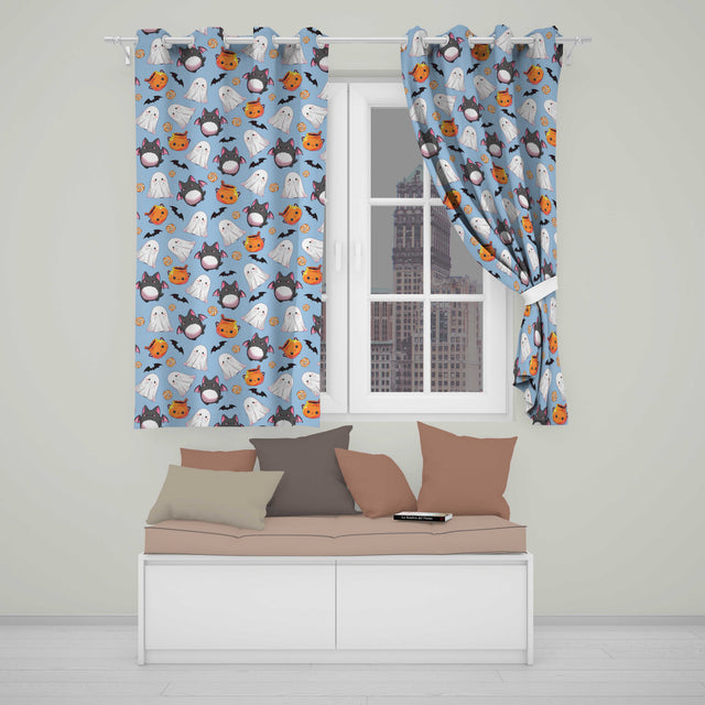 Cute Kawaii Ghost Bat Candy Pumpkin Seamless Pattern Blue Background  Readymade Eyelet Ring Top Thermal 100% Blackout Curtains