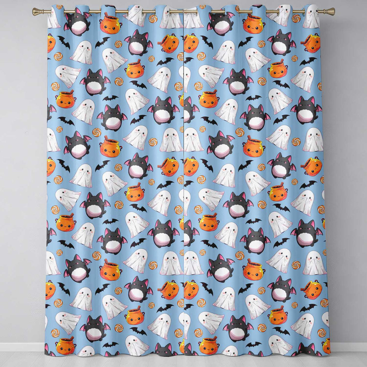 Cute Kawaii Ghost Bat Candy Pumpkin Seamless Pattern Blue Background  Readymade Eyelet Ring Top Thermal 100% Blackout Curtains