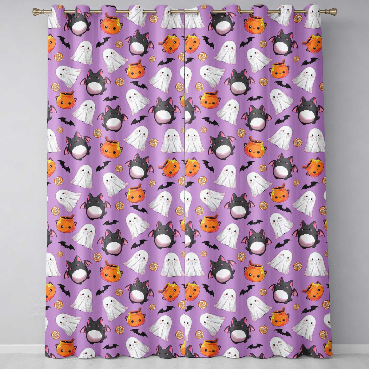 Cute Halloween Ghost Bat Candy Pumpkin Purple Background Seamless Pattern  Readymade Eyelet Ring Top Thermal 100% Blackout Curtains