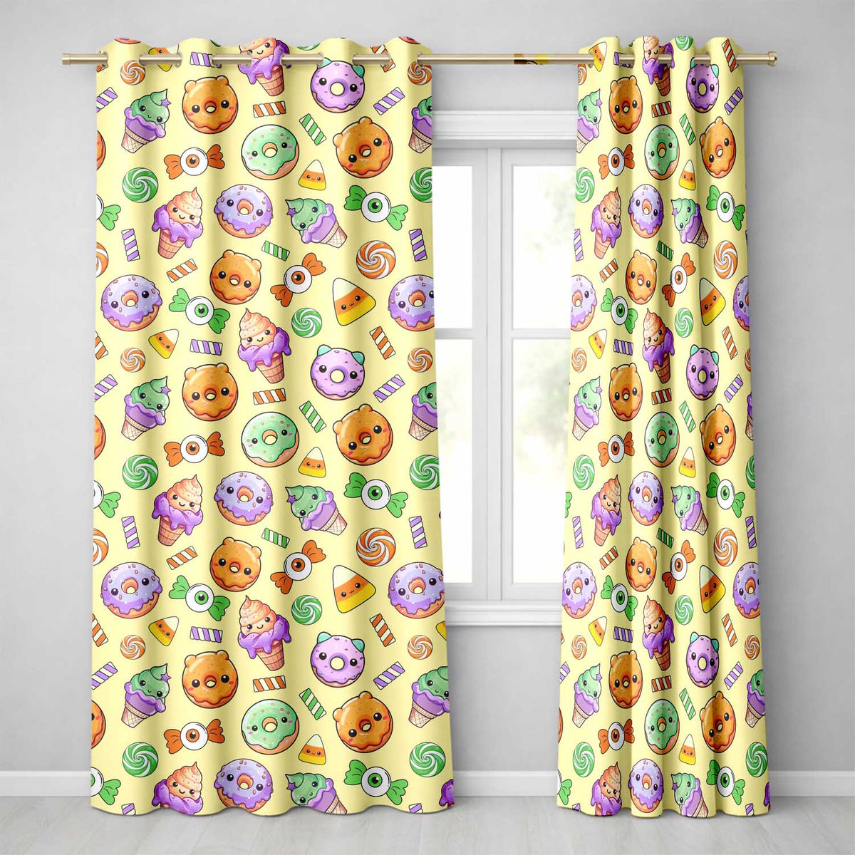 Cute Halloween Sweet Donut Ice Cream Candy Yellow Background Seamless Pattern  Readymade Eyelet Ring Top Thermal 100% Blackout Curtains