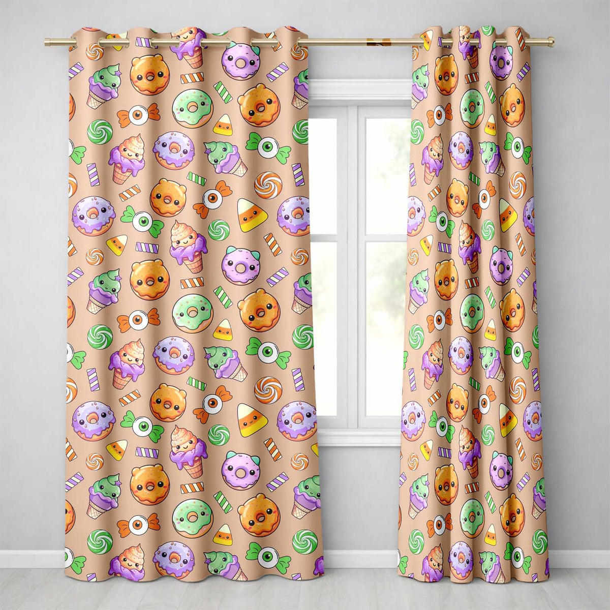 Cute Halloween Sweet Donut Ice Cream Candy Beige Background Seamless Pattern  Readymade Eyelet Ring Top Thermal 100% Blackout Curtains