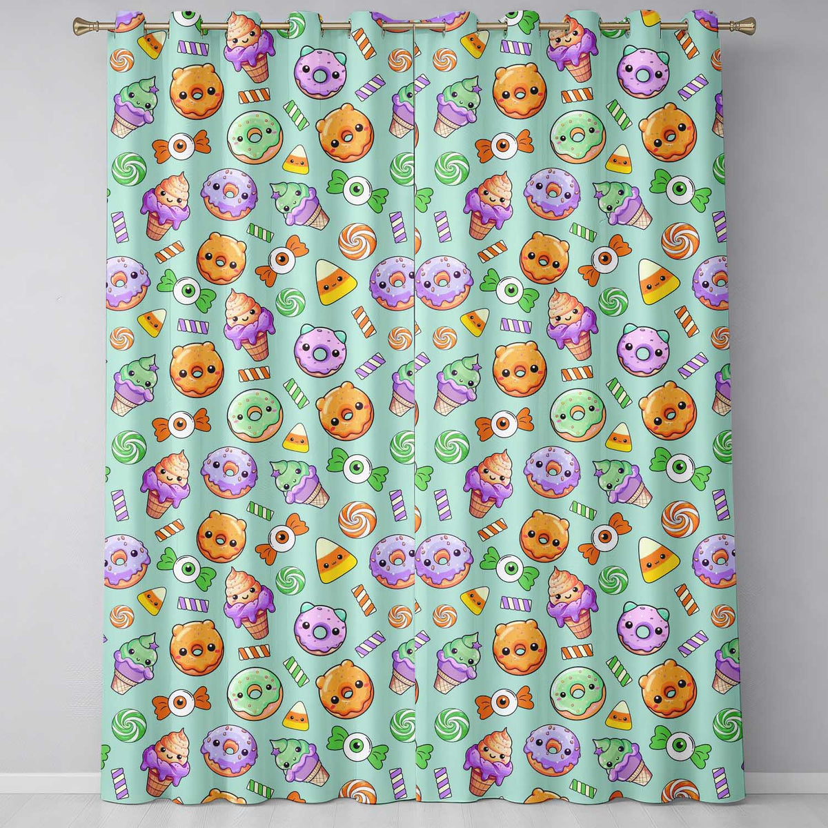 Cute Halloween Donut Candy Ice Cream Kawaii Seamless Pattern Teal Background  Readymade Eyelet Ring Top Thermal 100% Blackout Curtains