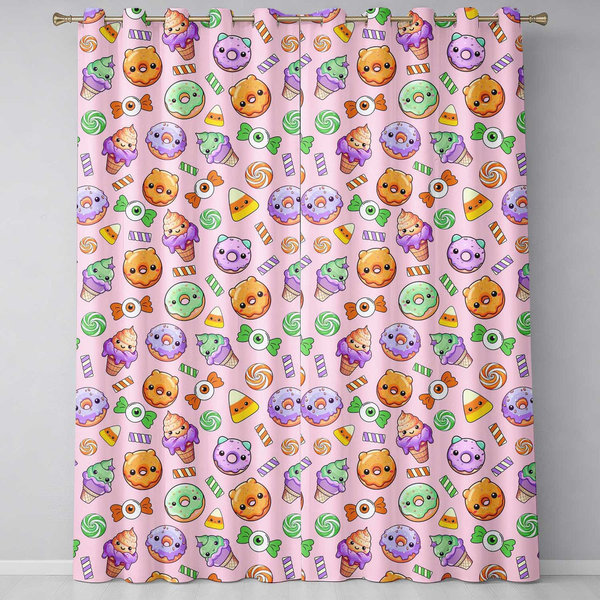 Cute Halloween Donut Candy Ice Cream Kawaii Seamless Pattern Blush Background  Readymade Eyelet Ring Top Thermal 100% Blackout Curtains