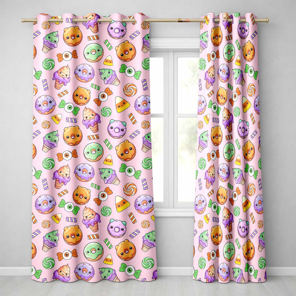 Cute Halloween Donut Candy Ice Cream Kawaii Seamless Pattern Blush Background  Readymade Eyelet Ring Top Thermal 100% Blackout Curtains