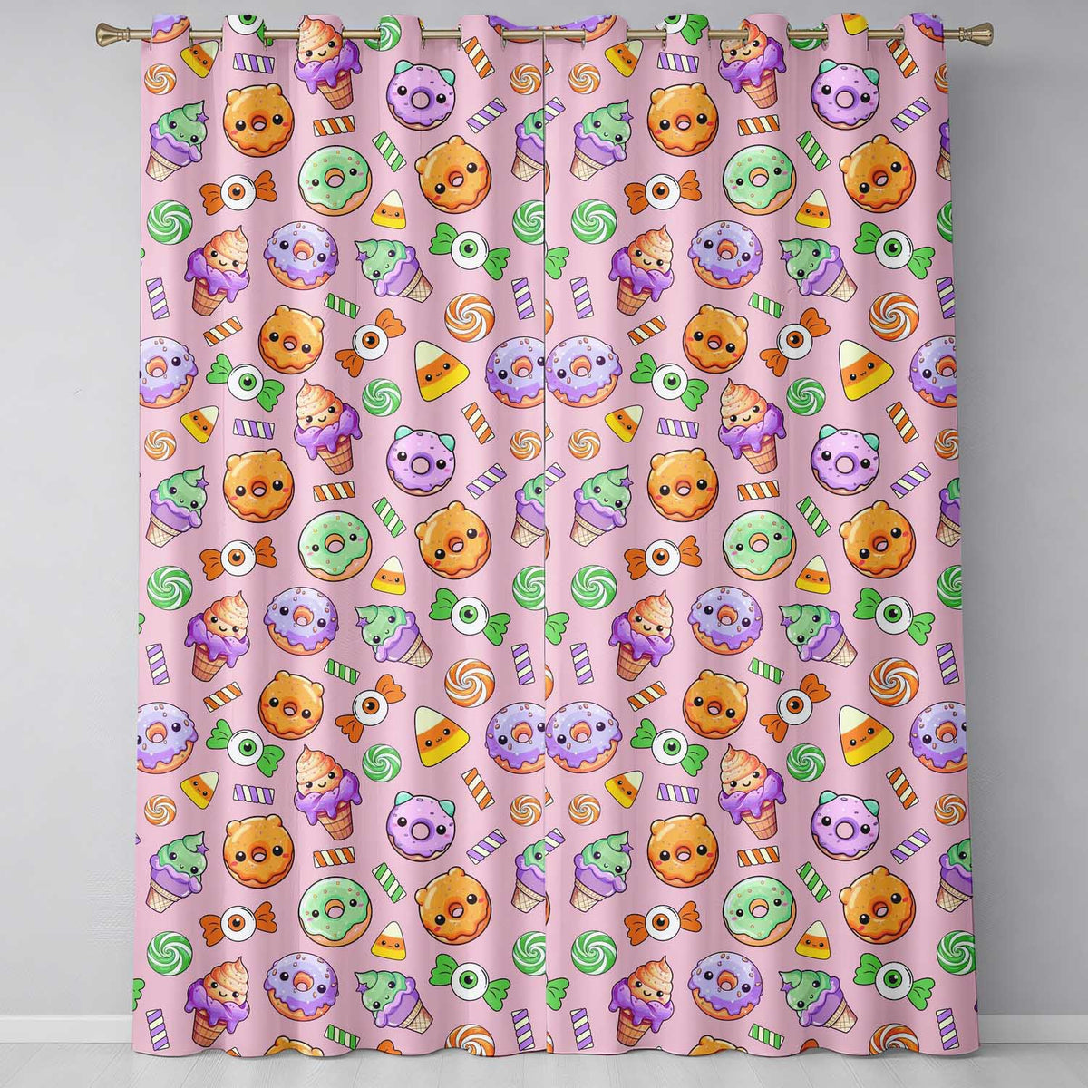 Cute Halloween Donut Candy Ice Cream Kawaii Seamless Pattern Pink Background  Readymade Eyelet Ring Top Thermal 100% Blackout Curtains