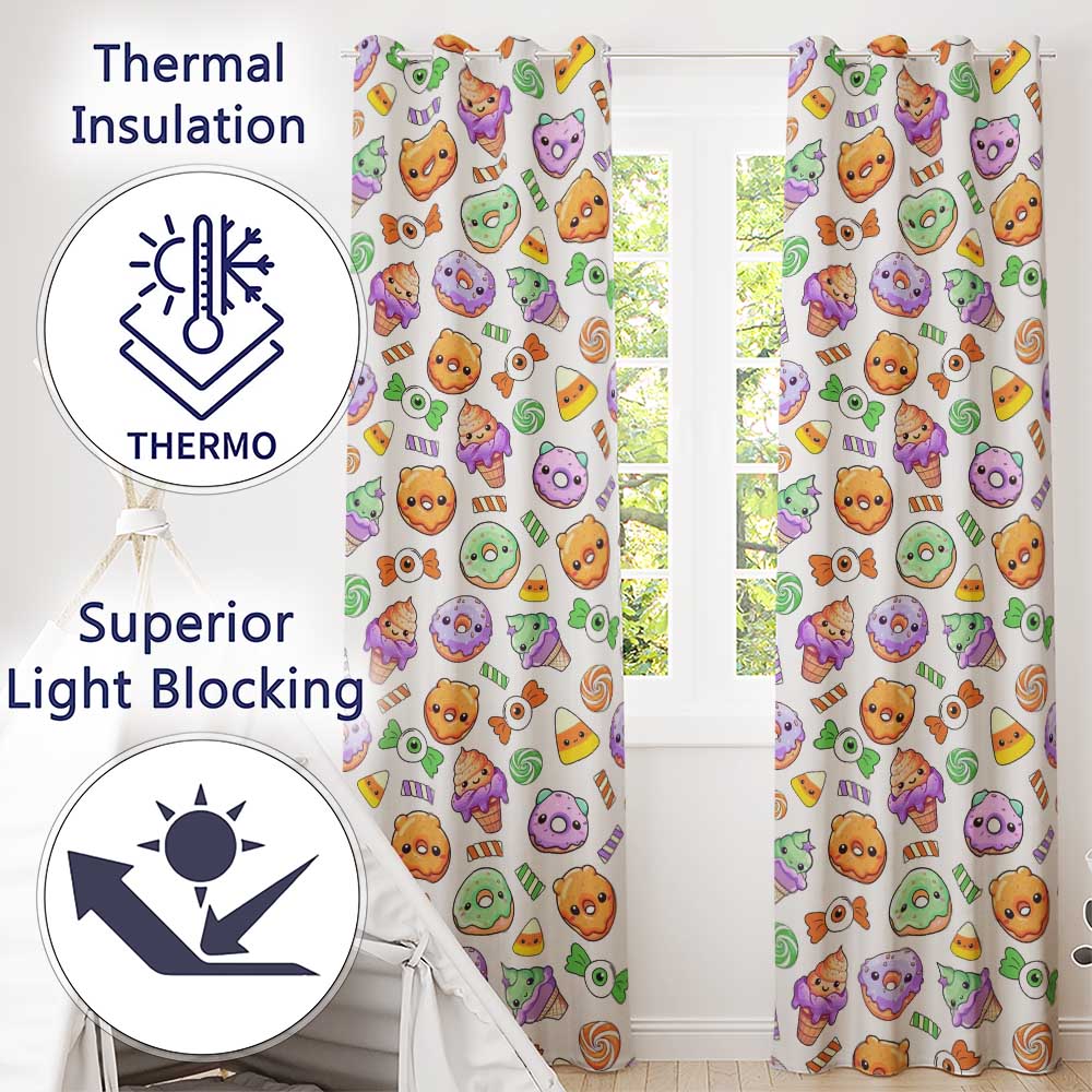 Cute Halloween Donut Candy Ice Cream Kawaii Seamless Pattern White Background  Readymade Eyelet Ring Top Thermal 100% Blackout Curtains