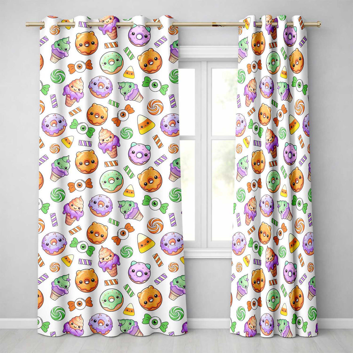 Cute Halloween Donut Candy Ice Cream Kawaii Seamless Pattern White Background  Readymade Eyelet Ring Top Thermal 100% Blackout Curtains