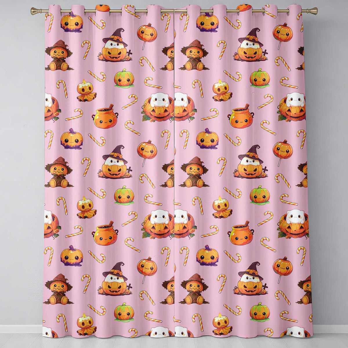 Cute Kawaii Halloween Pumpkin Witch Candy Seamless Pattern Pink Background  Readymade Eyelet Ring Top Thermal 100% Blackout Curtains