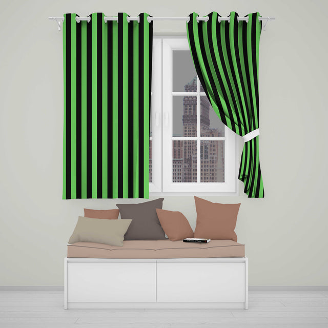 Bold Wavy Green Black Halloween Stripe Seamless Pattern  Readymade Eyelet Ring Top Thermal 100% Blackout Curtains