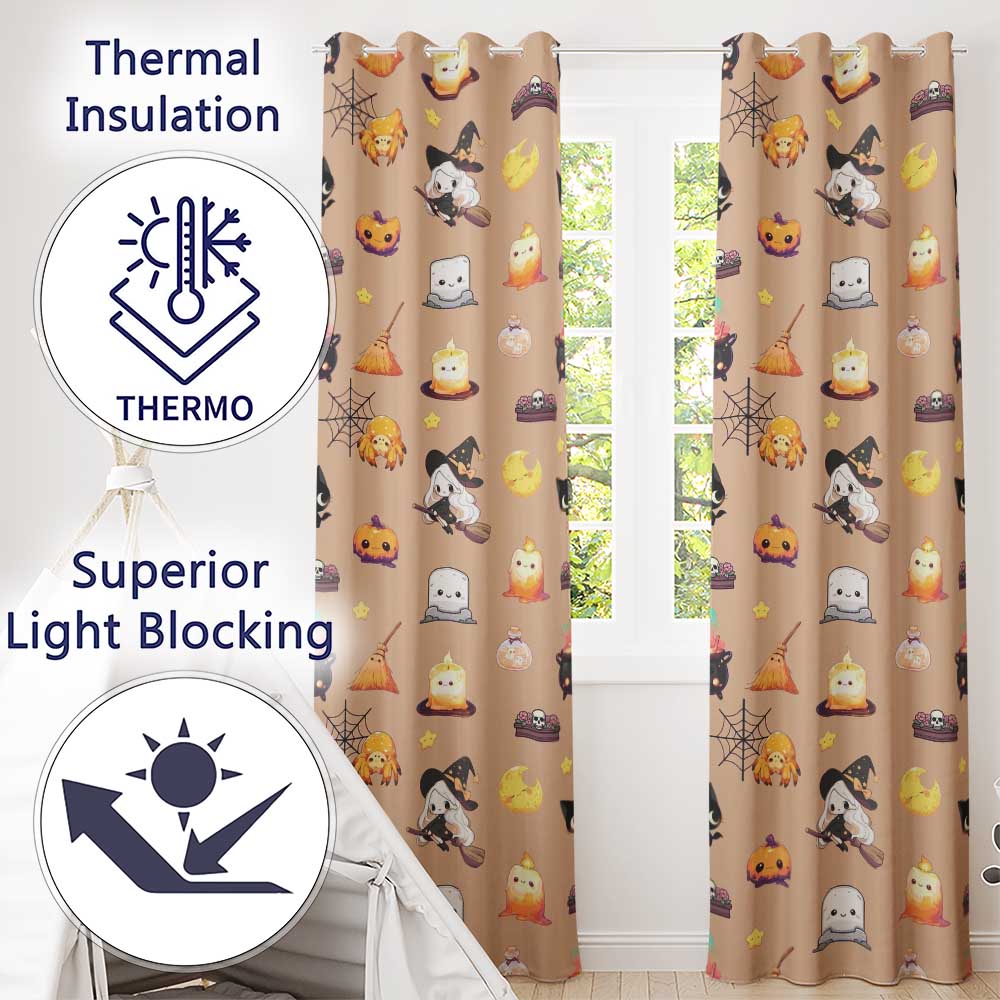 Cute Kawaii Halloween Witch Pumpkin Spider Seamless Pattern Peach Background  Readymade Eyelet Ring Top Thermal 100% Blackout Curtains