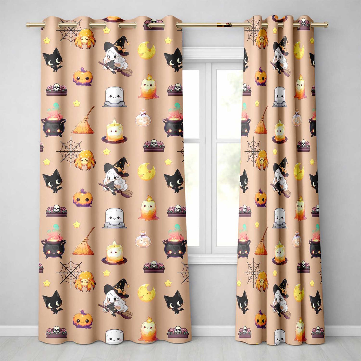 Cute Kawaii Halloween Witch Pumpkin Spider Seamless Pattern Peach Background  Readymade Eyelet Ring Top Thermal 100% Blackout Curtains