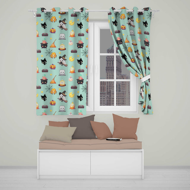 Cute Kawaii Halloween Witch Pumpkin Spider Seamless Pattern Teal Background  Readymade Eyelet Ring Top Thermal 100% Blackout Curtains