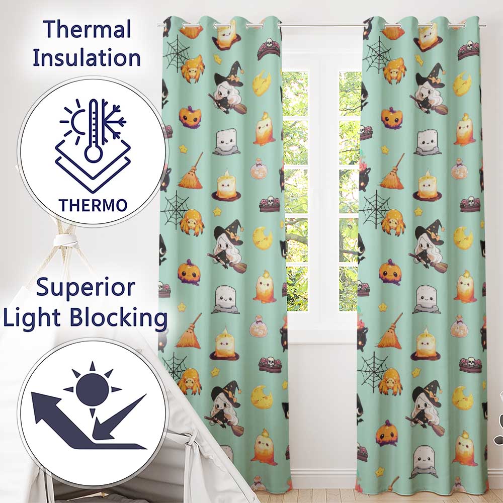 Cute Kawaii Halloween Witch Pumpkin Spider Seamless Pattern Teal Background  Readymade Eyelet Ring Top Thermal 100% Blackout Curtains