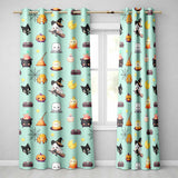 Cute Kawaii Halloween Witch Pumpkin Spider Seamless Pattern Teal Background  Readymade Eyelet Ring Top Thermal 100% Blackout Curtains