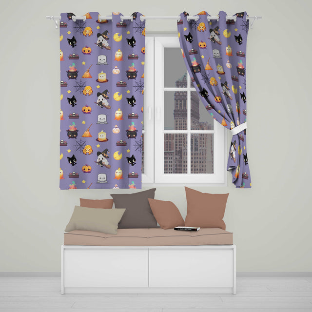 Cute Kawaii Halloween Witch Pumpkin Spider Seamless Pattern Purple Background  Readymade Eyelet Ring Top Thermal 100% Blackout Curtains