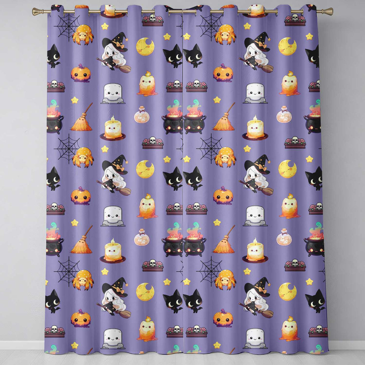Cute Kawaii Halloween Witch Pumpkin Spider Seamless Pattern Purple Background  Readymade Eyelet Ring Top Thermal 100% Blackout Curtains