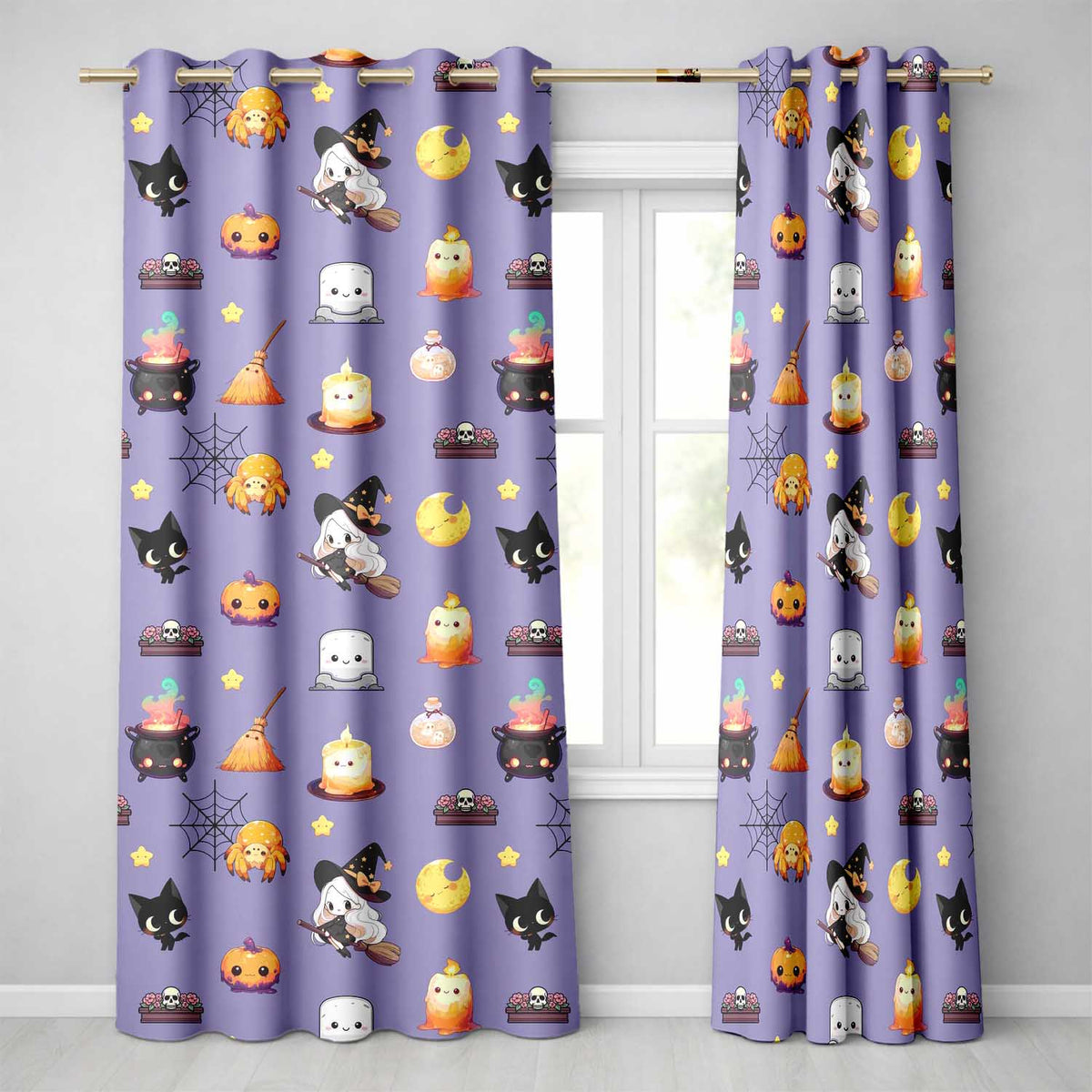 Cute Kawaii Halloween Witch Pumpkin Spider Seamless Pattern Purple Background  Readymade Eyelet Ring Top Thermal 100% Blackout Curtains